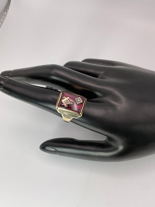 6.1g 10k YG Masonic Ring Ruby Glass Diamond Size 9.5