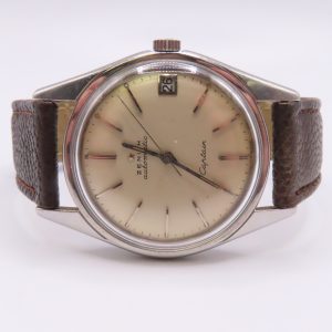 Vintage Zenith Captain 35mm Automatic Mens Watch Stainless Steel Champagne Dial Leather Band